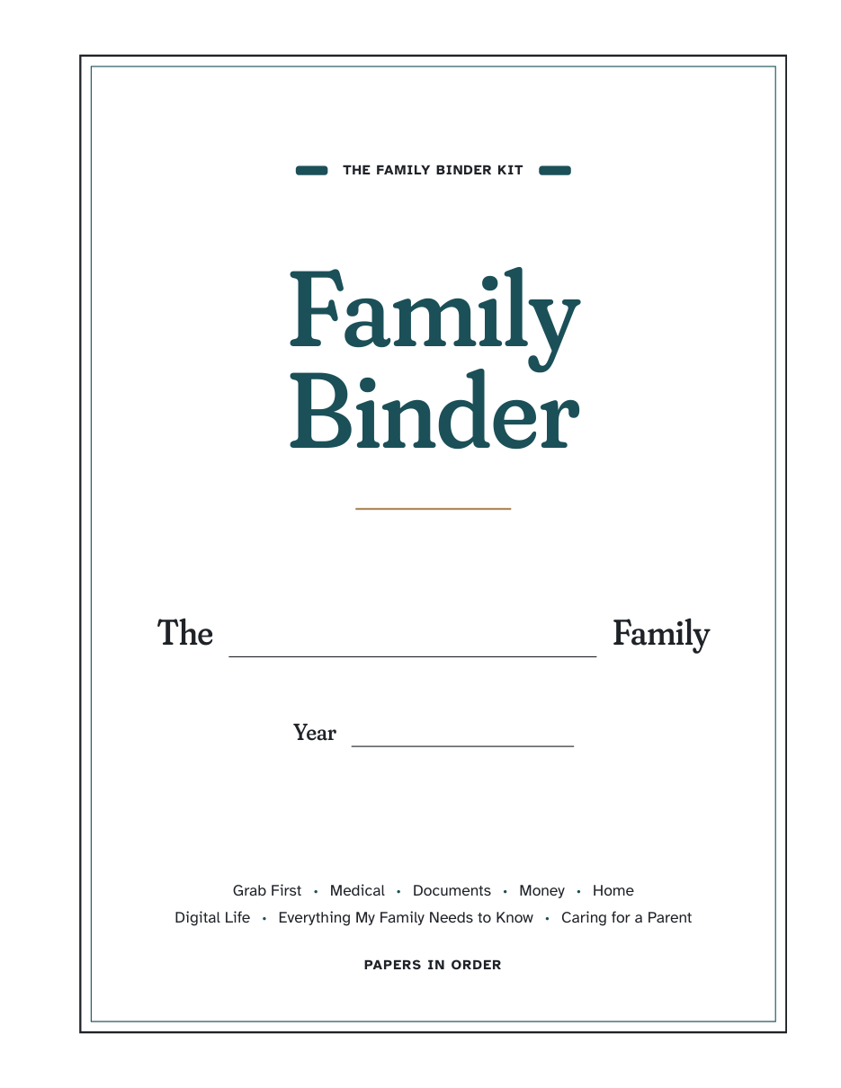 The kit cover page: the binder title with lines for the family name and the year.