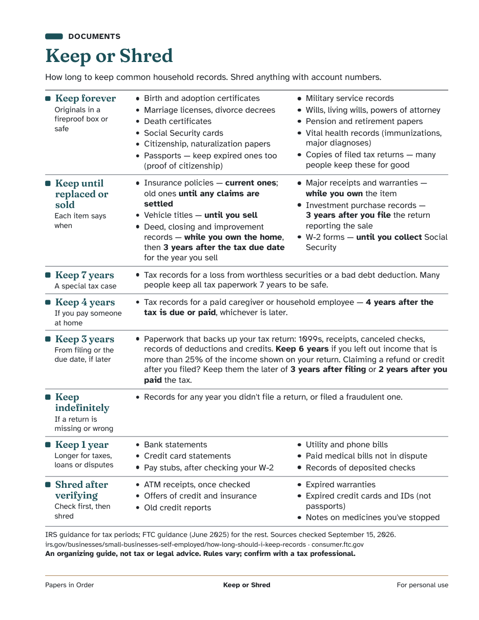 The Keep or Shred page: a table of document types with how long to keep each one.