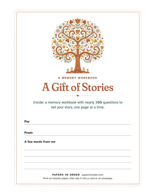 Actual A Gift of Stories certificate page from My Life Story