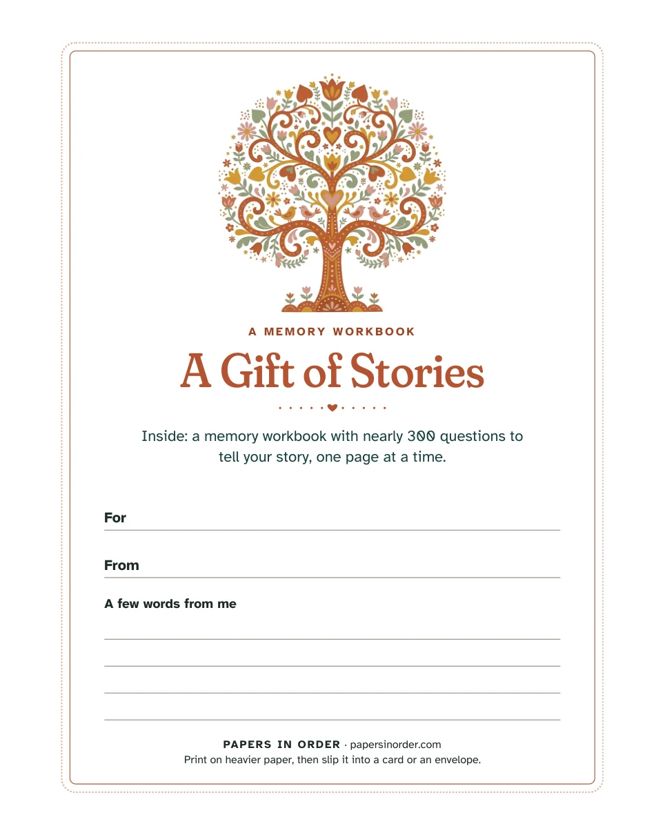 Actual A Gift of Stories certificate page from My Life Story