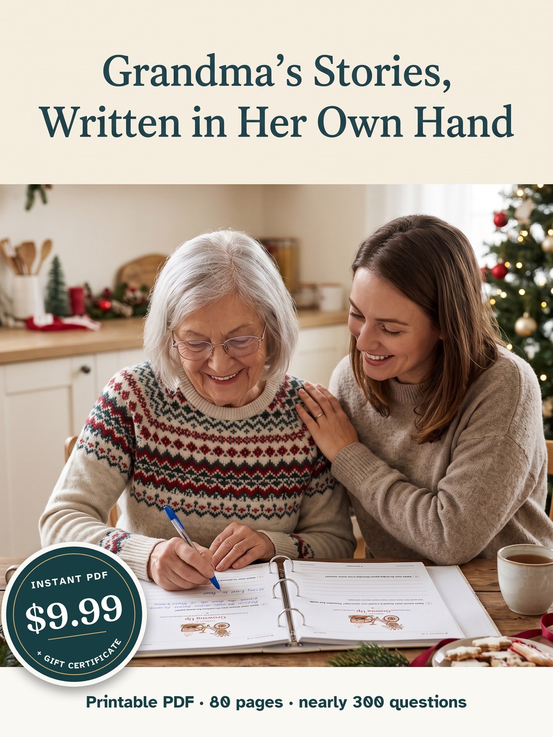 Grandmother and granddaughter filling in My Life Story together, from the original Grandma’s Stories Pinterest pin
