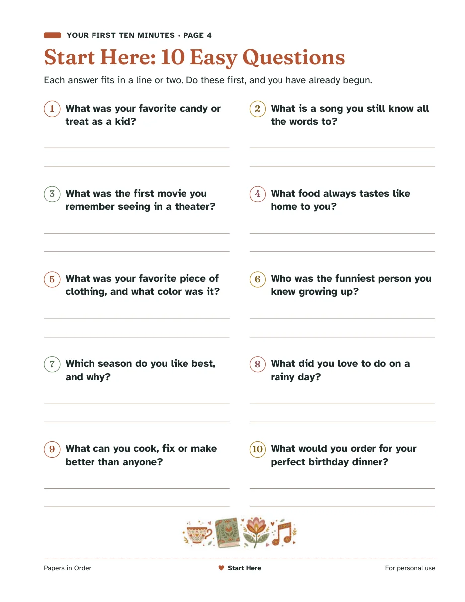 Actual Start Here: 10 Easy Questions page from My Life Story