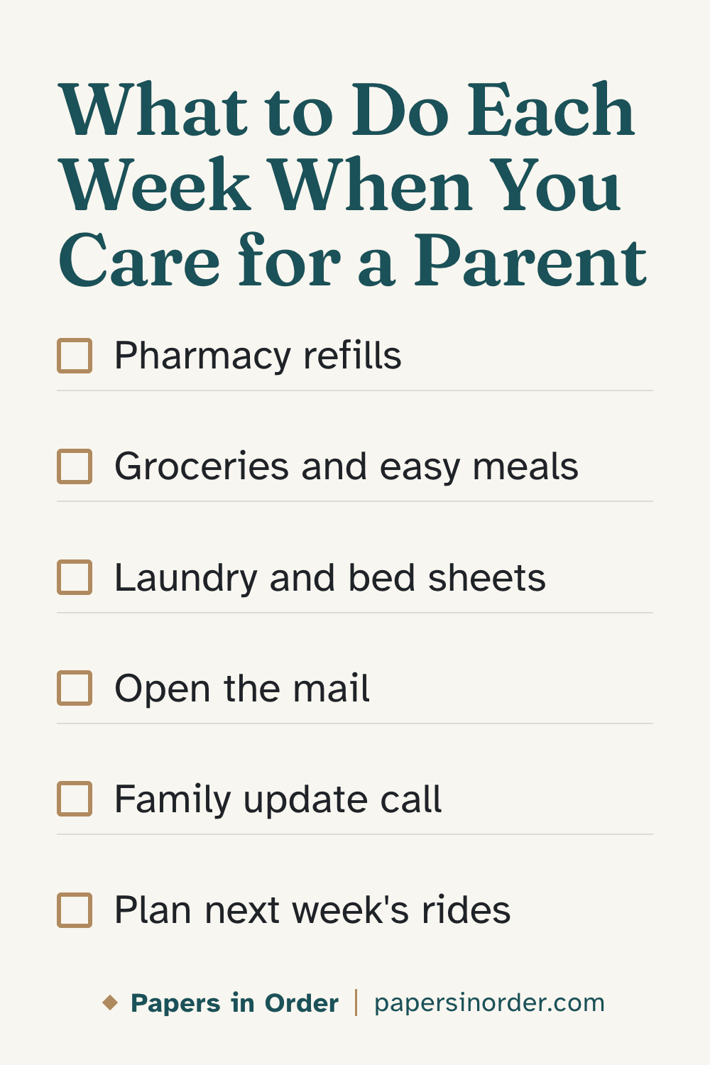 Pin graphic on a light background: headline "What to Do Each Week When You Care for a Parent" above six checkboxes: pharmacy refills, groceries and easy meals, laundry and bed sheets, open the mail, family update call, plan next week's rides.