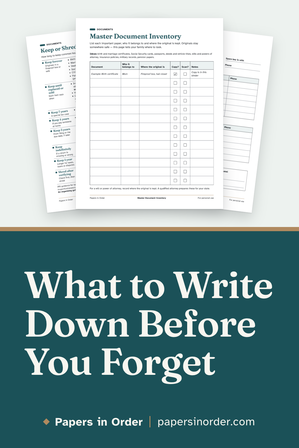 Pin graphic: the Master Document Inventory page in front of Keep or Shred and Household at a Glance, above a dark teal band with the headline "What to Write Down Before You Forget".