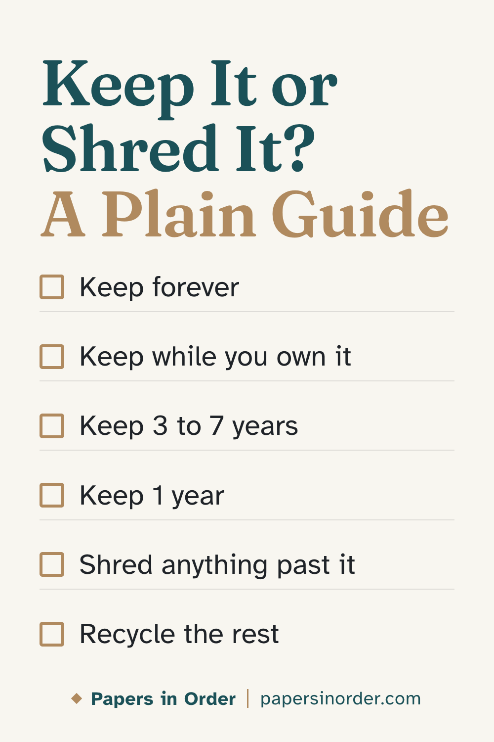 Pin graphic on a light background: headline "Keep It or Shred It? A Plain Guide" above six checkbox rows reading Keep forever, Keep while you own it, Keep 3 to 7 years, Keep 1 year, Shred anything past it, Recycle the rest.