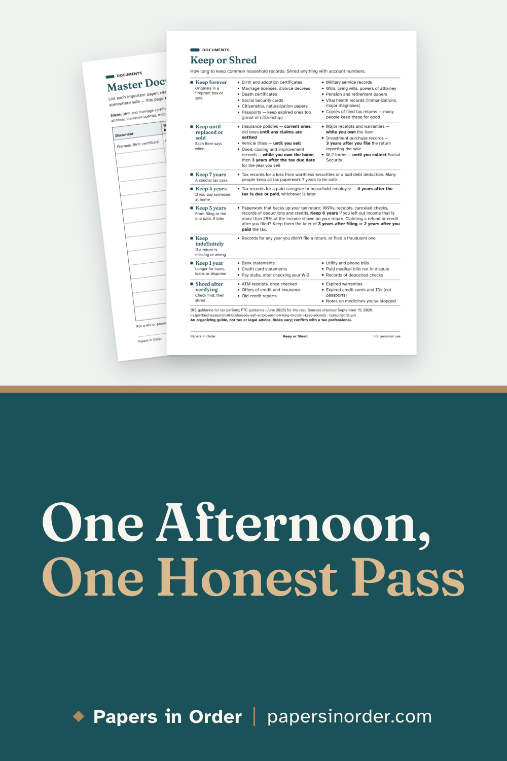 Pin graphic: the Keep or Shred page from the free binder starter in front of the Master Document Inventory, above a dark teal band with the headline "One Afternoon, One Honest Pass".
