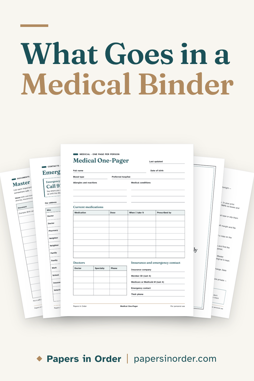 Pin graphic on a light background: headline "What Goes in a Medical Binder" above five printable pages fanned out, the Medical One-Pager in front, with the Emergency Contacts, binder cover, Master Document Inventory and Start Here pages behind it.