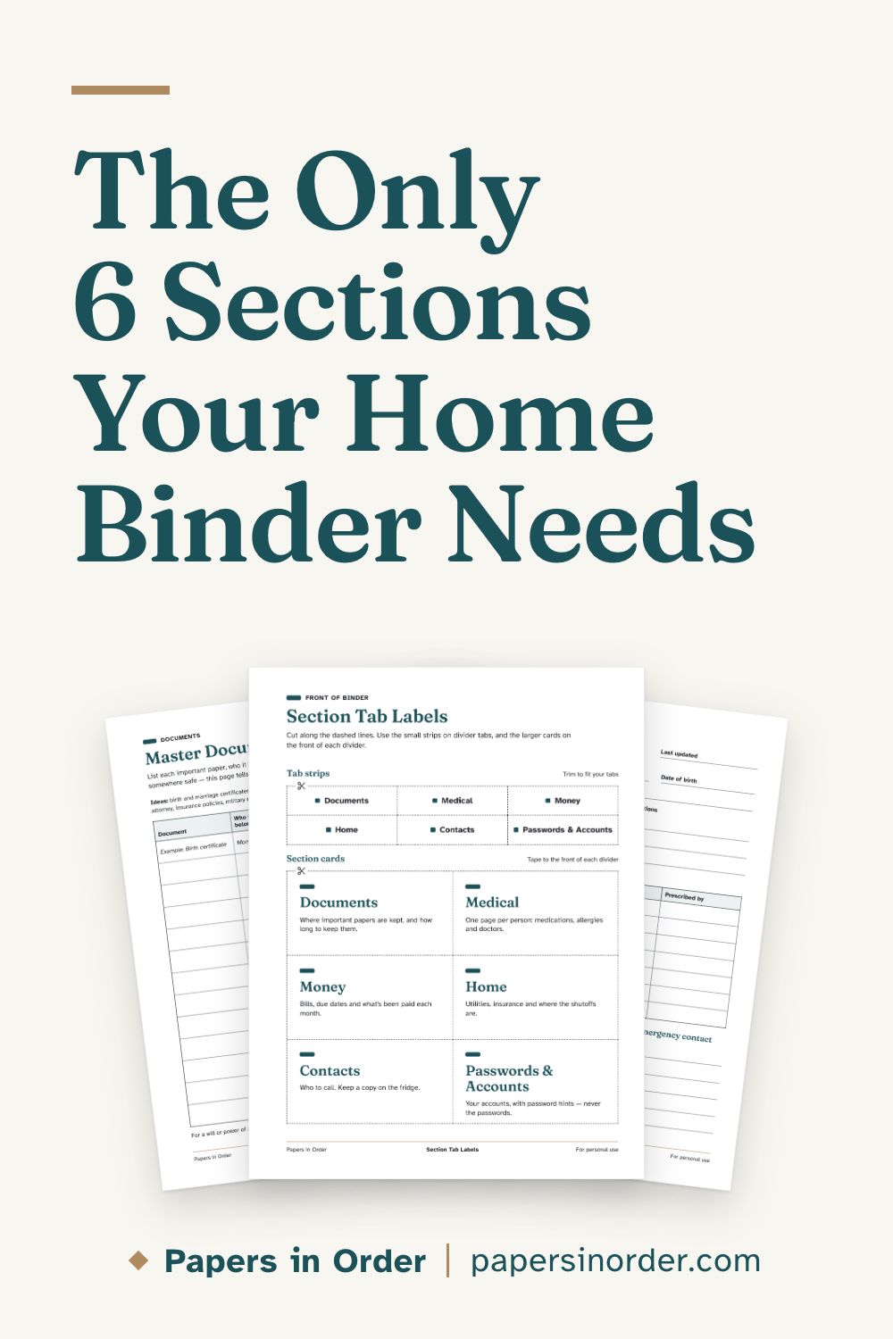 Pin graphic on a light background: headline "The Only 6 Sections Your Home Binder Needs" above three printable pages, Section Tab Labels in front of Master Document Inventory and the Medical One-Pager.