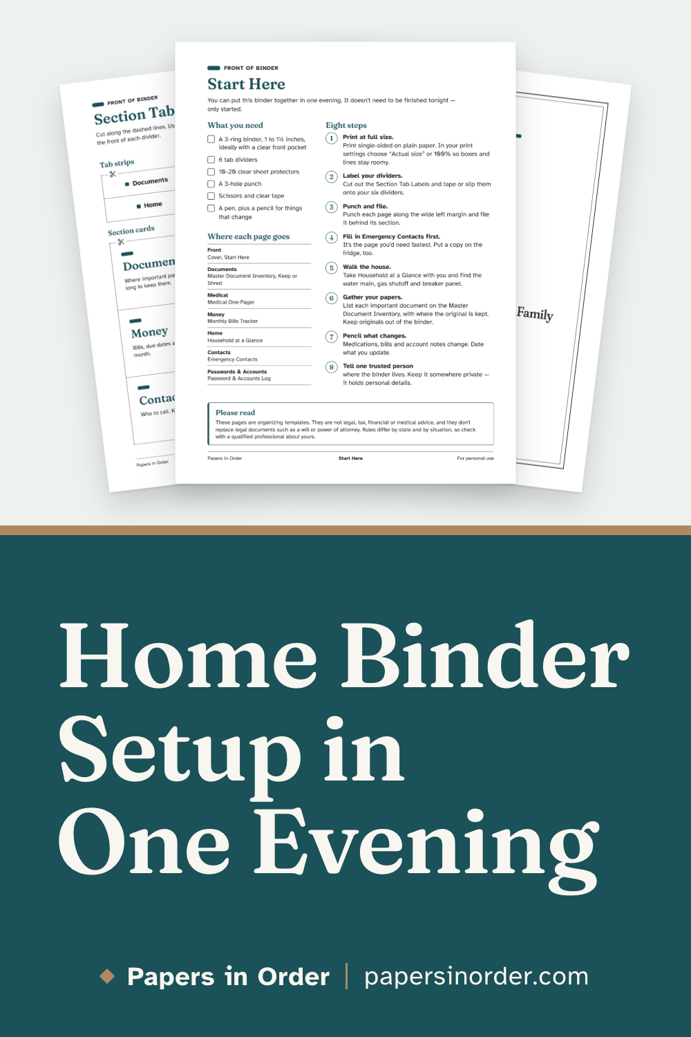 Pin graphic: the Start Here page in front of Section Tab Labels and the Home Binder cover, above a dark teal band with the headline "Home Binder Setup in One Evening".